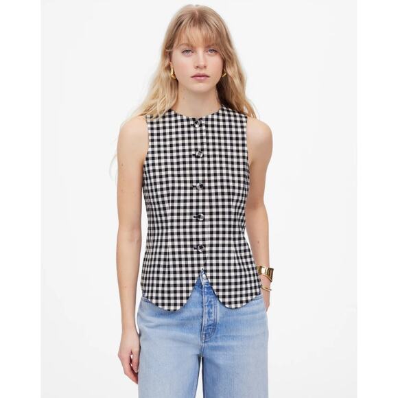 Madewell Single-Breasted Crewneck Vest Sz 4 Black White Gingham Wool Blend Lined - Picture 1 of 10